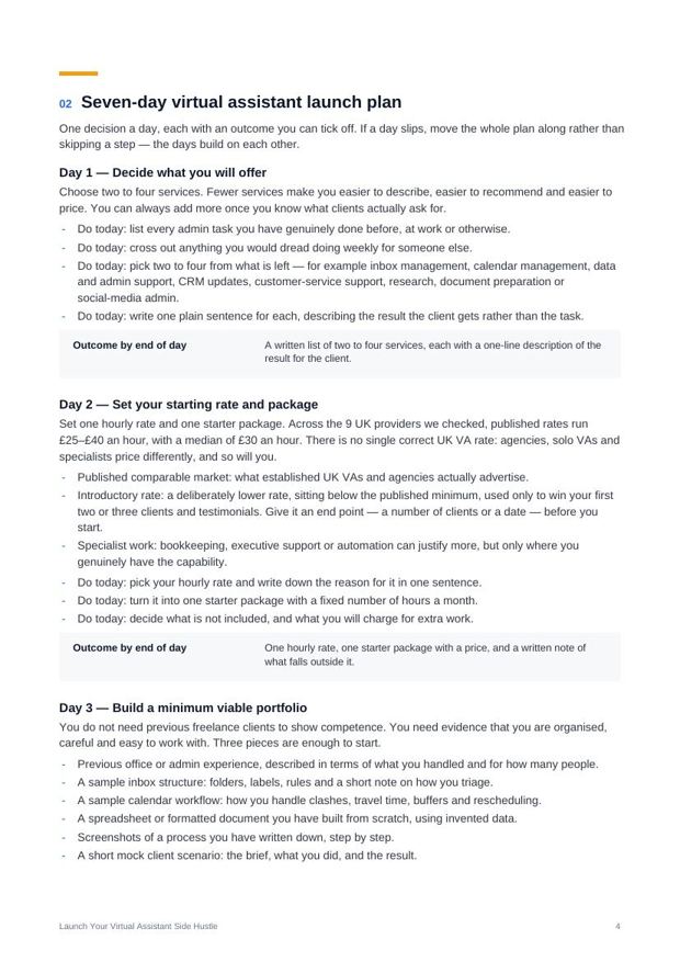 Preview page from the VA Launch Pack: Seven-day virtual assistant launch plan