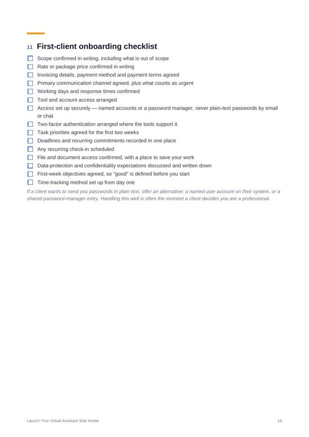 Preview page from the VA Launch Pack: First-client onboarding checklist