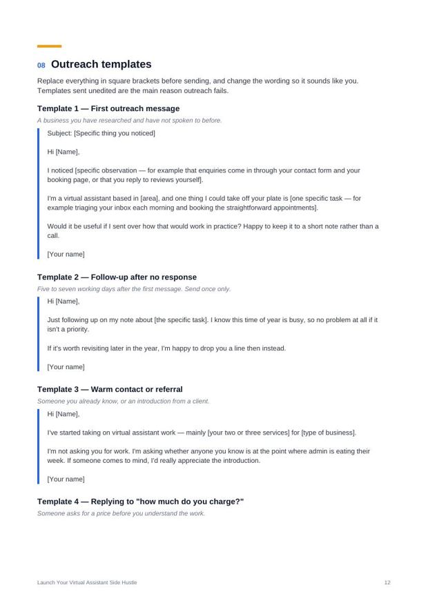 Preview page from the VA Launch Pack: Outreach and follow-up templates
