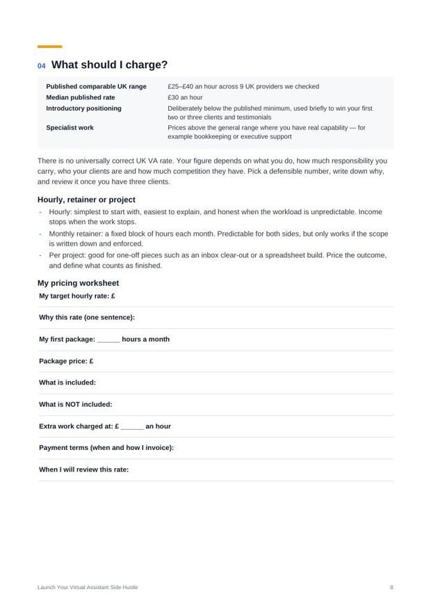 Preview page from the VA Launch Pack: What should I charge? pricing worksheet